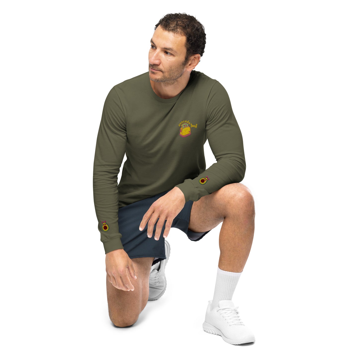 "Avocado Toast" Military Green Long Sleeve Tee with Cuff Embroidery (XS-2XL)