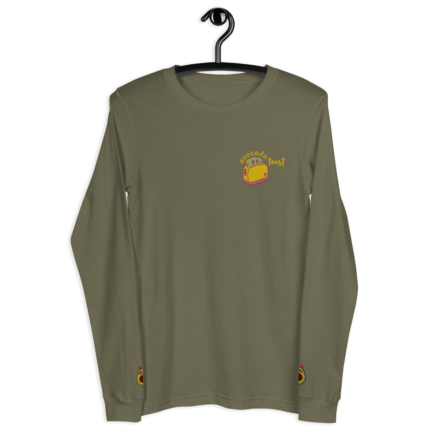 "Avocado Toast" Military Green Long Sleeve Tee with Cuff Embroidery (XS-2XL)