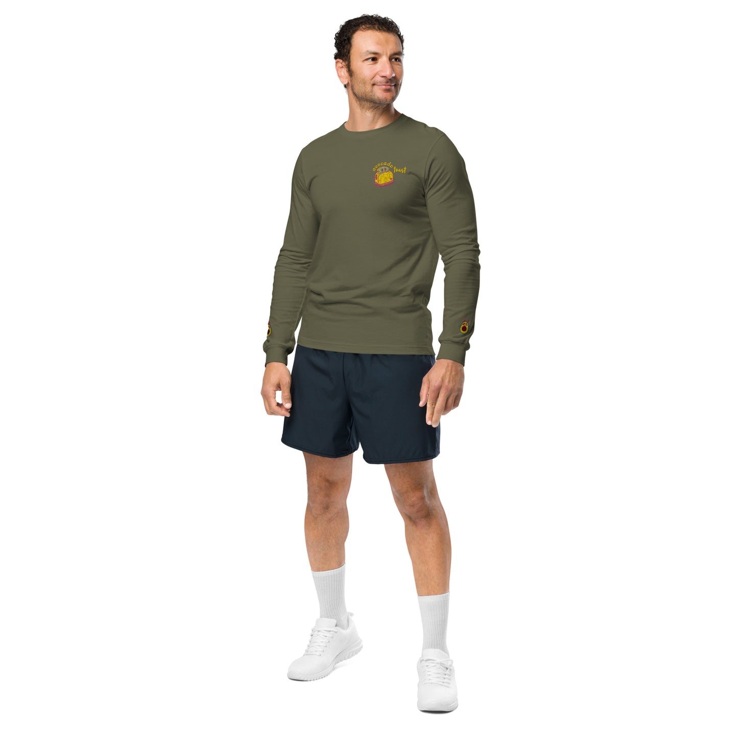 "Avocado Toast" Military Green Long Sleeve Tee with Cuff Embroidery (XS-2XL)