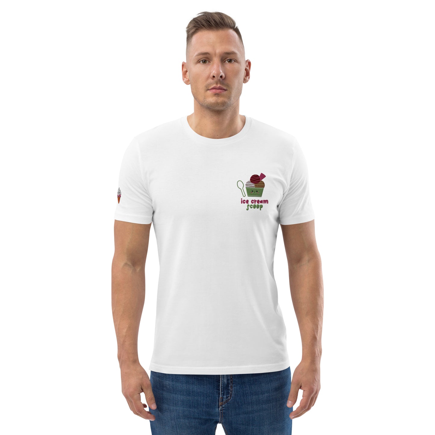"Ice Cream Sundae" White Embroidered Unisex Organic Cotton T-shirt (S-5XL)