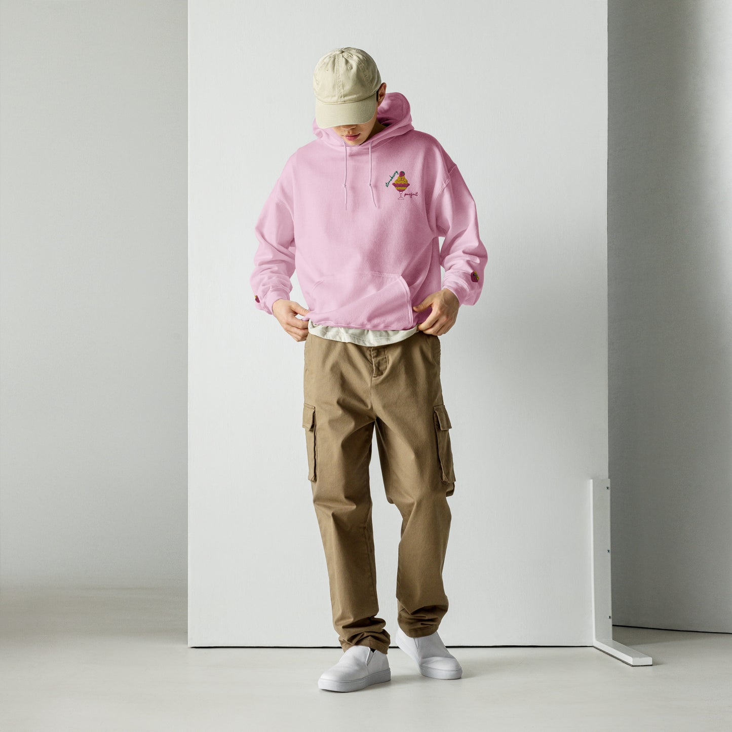 "Strawberry Parfait" Light Pink Hoodie with Cuff Embroidery (S-5XL)