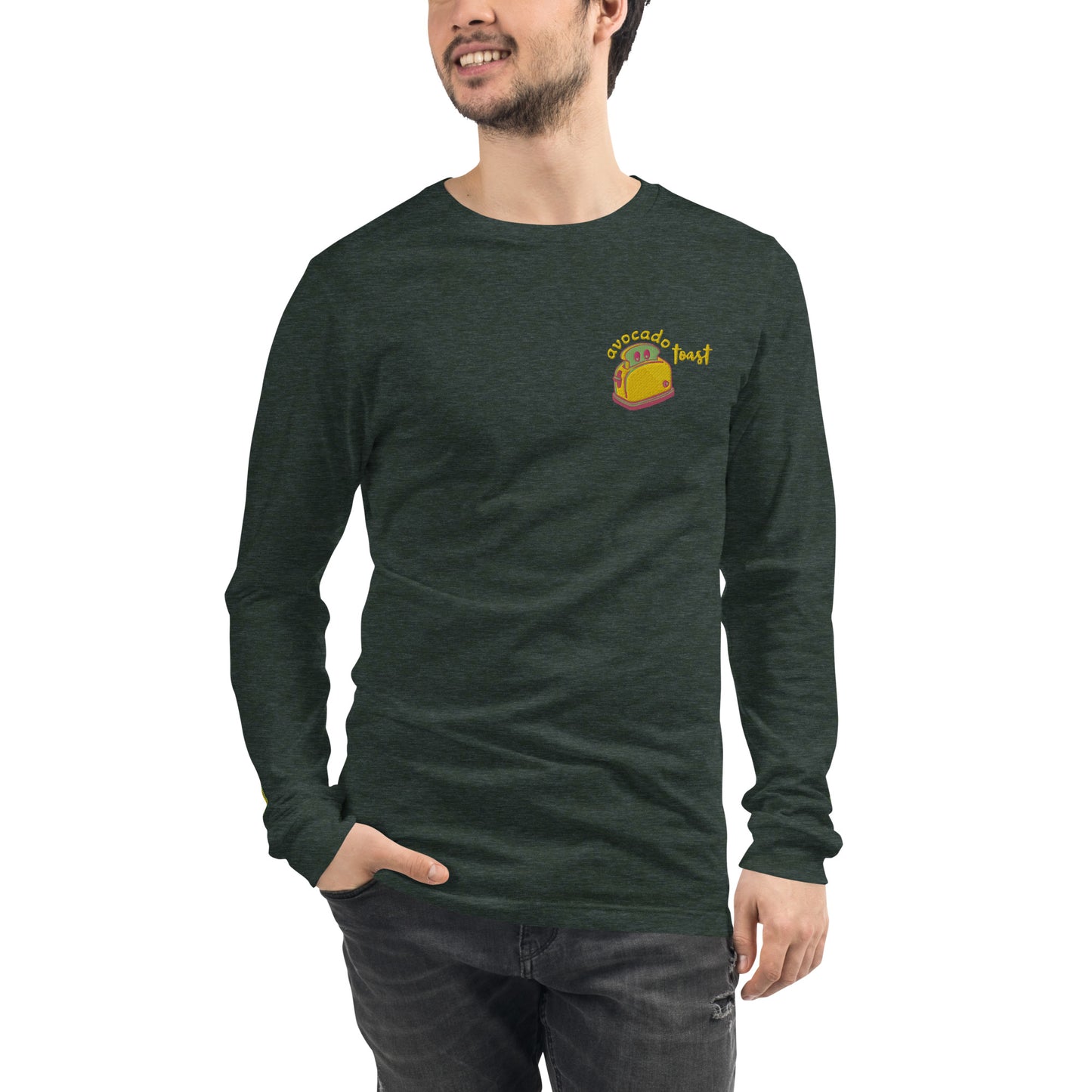 "Avocado Toast" Heather Forest Green Long Sleeve Tee with Cuff Embroidery (XS-2XL)