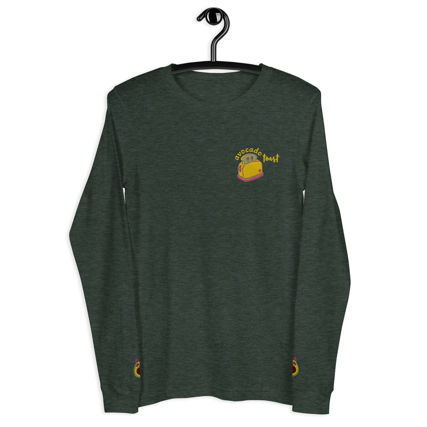 "Avocado Toast" Heather Forest Green Long Sleeve Tee with Cuff Embroidery (XS-2XL)