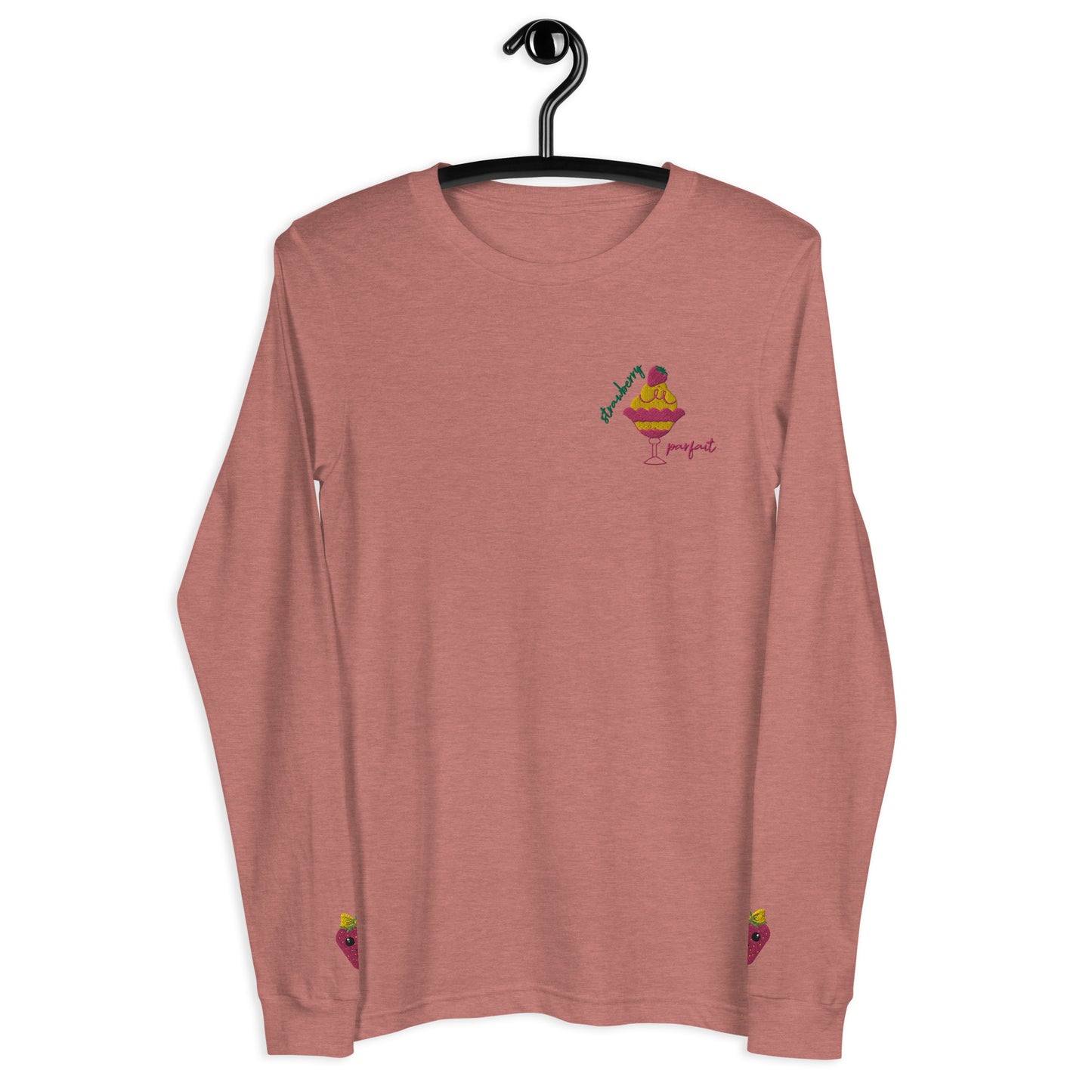 "Strawberry Parfait" Heather Mauve Long Sleeve Tee with Cuff Embroidery (XS-2XL)