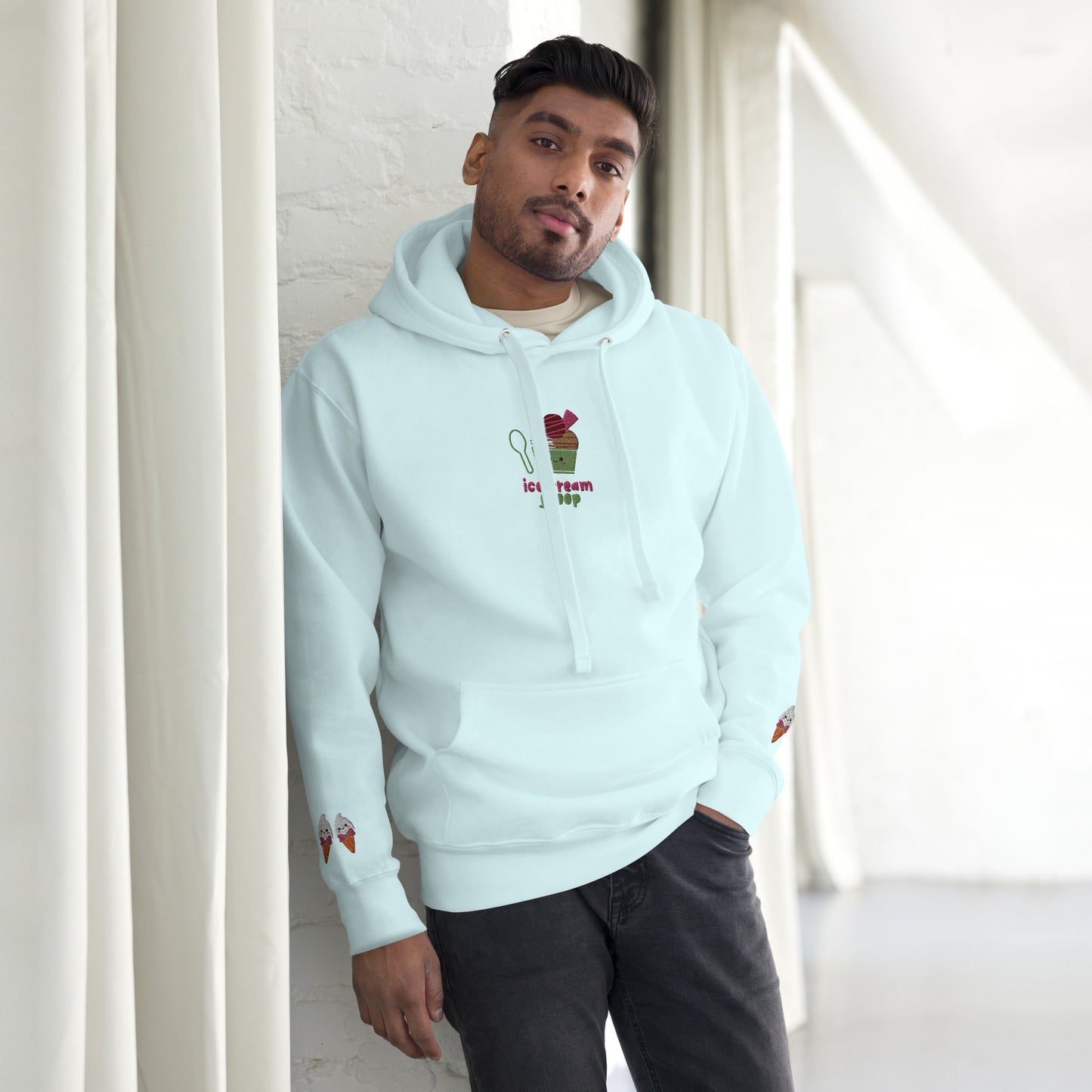 "Ice Cream Sundae" Pastel Blue Hoodie with Wrist Embroidery (S-3XL)
