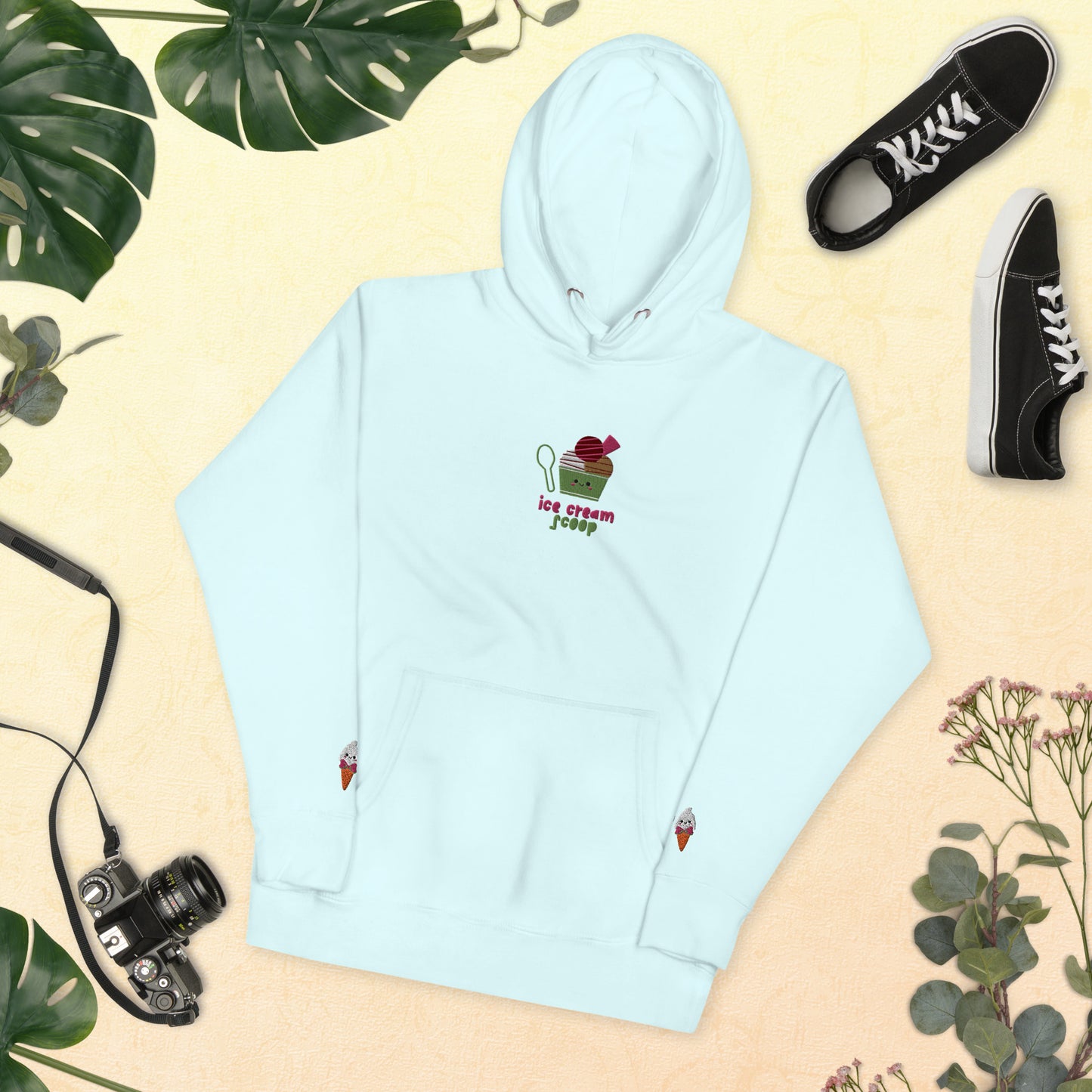 "Ice Cream Sundae" Pastel Blue Hoodie with Wrist Embroidery (S-3XL)