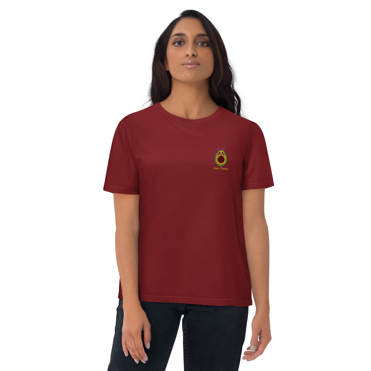 "Avo Cuteo" Maroon Embroidered Unisex Organic Cotton T-shirt (S-2XL)