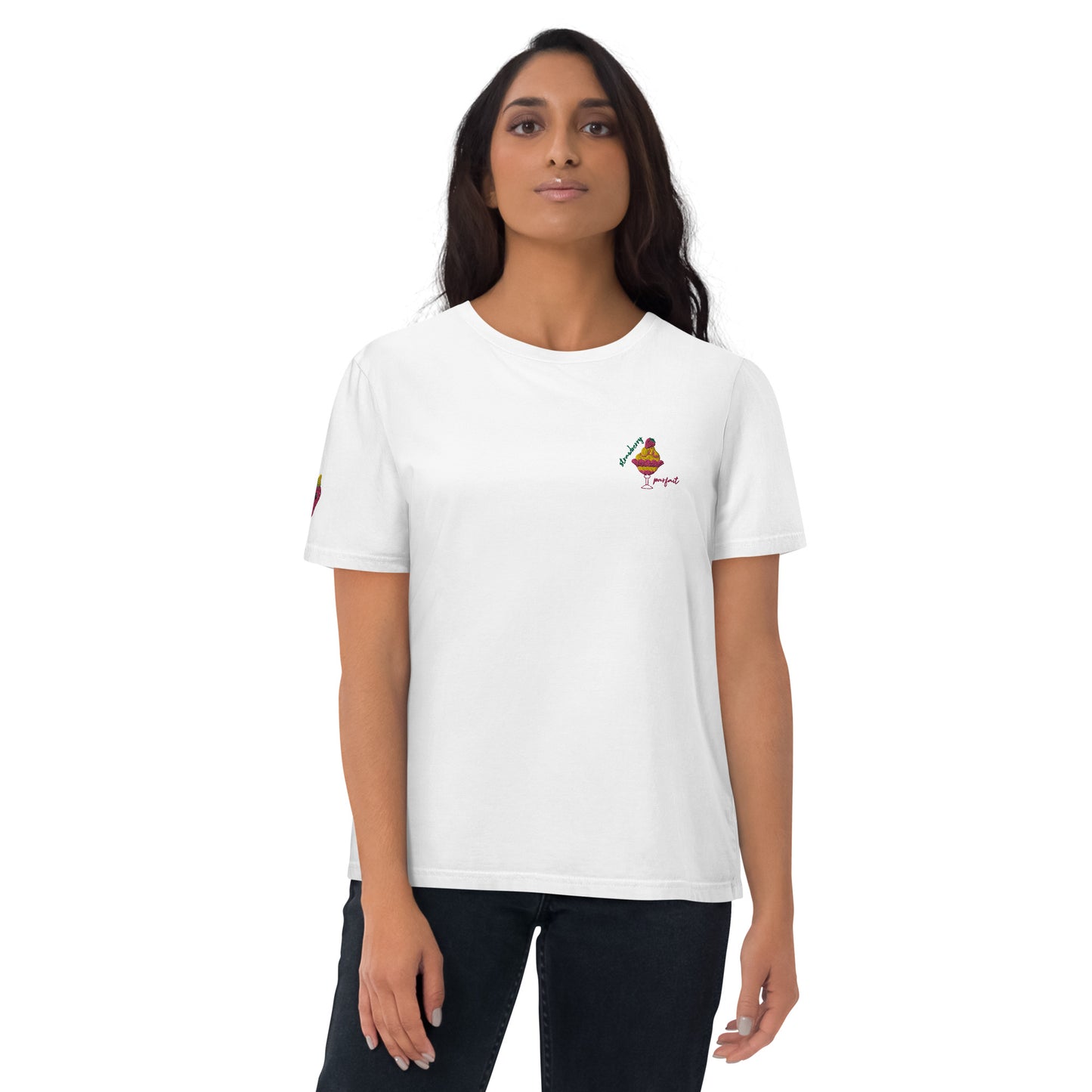 "Strawberry Parfait" White Embroidered Unisex Organic Cotton T-shirt (S-5XL)