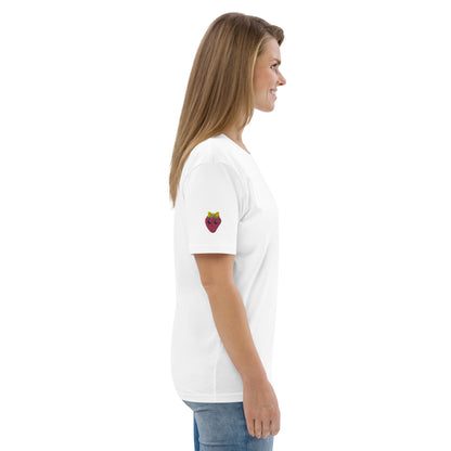 "Strawberry Parfait" White Embroidered Unisex Organic Cotton T-shirt (S-5XL)