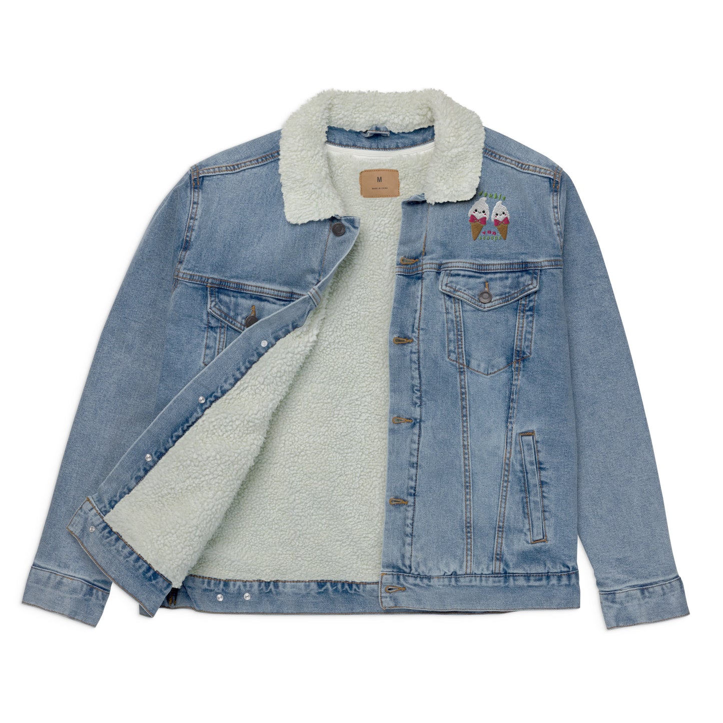 "Double van Scoops" Embroidered Denim Organic Sherpa Jacket