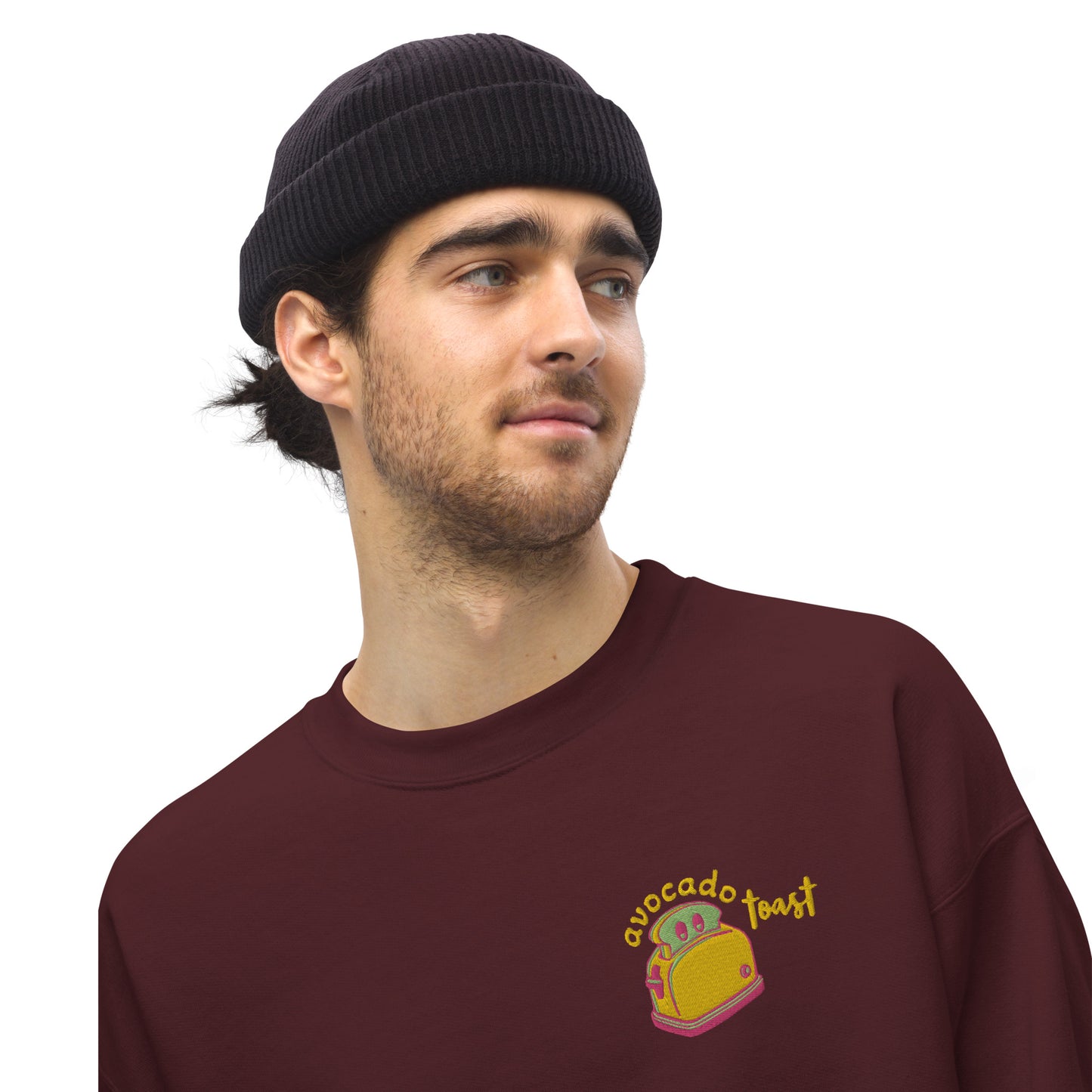 "Avocado Toast" Burgundy Sweatshirt with Cuff Embroidery (S-2XL)