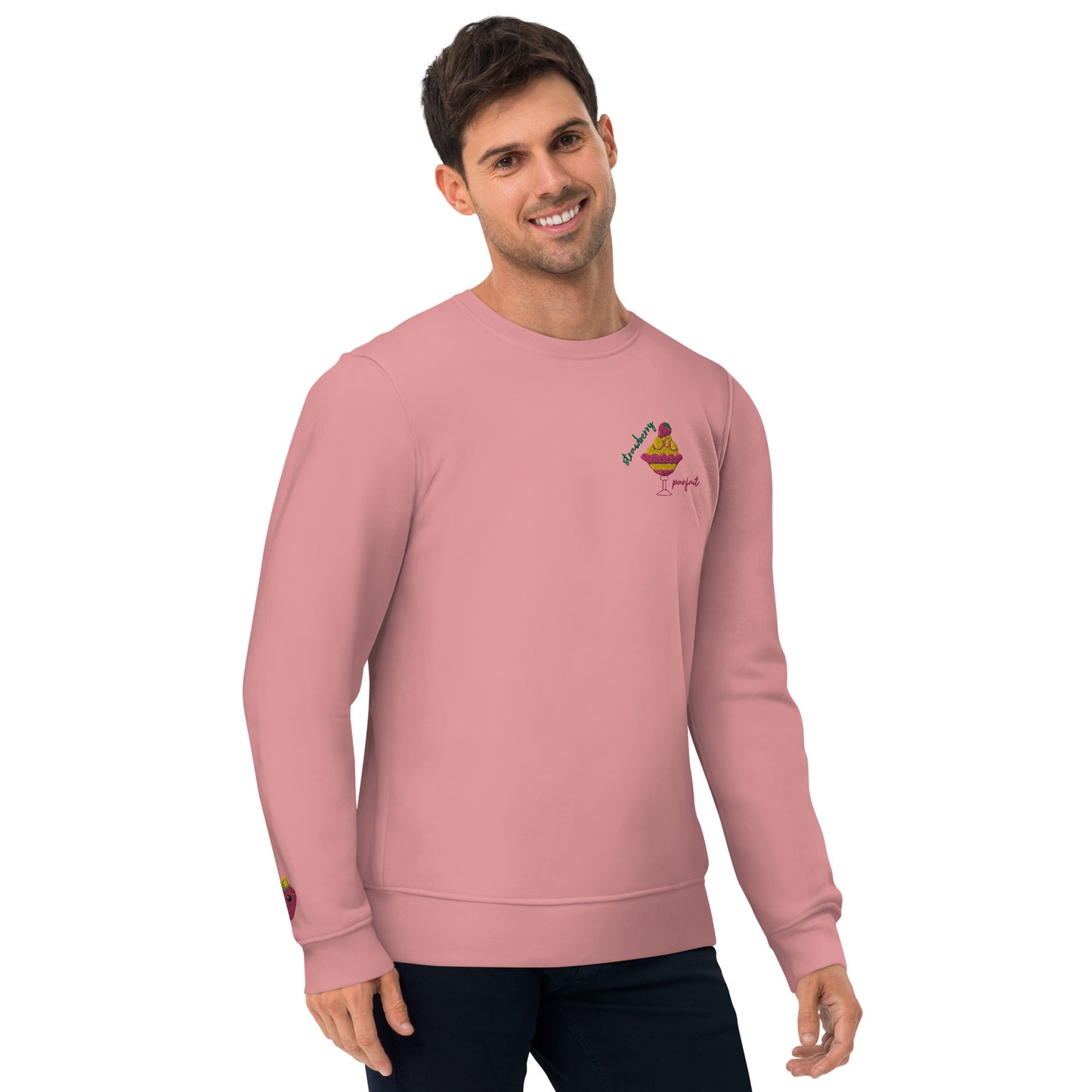 "Strawberry Parfait" Coral Pink Organic Sweatshirt with Cuff Embroidery (EU sizing S-2XL)