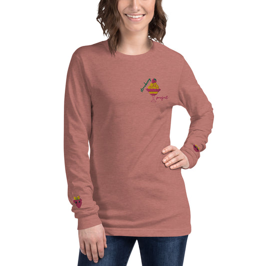 "Strawberry Parfait" Heather Mauve Long Sleeve Tee with Cuff Embroidery (XS-2XL)